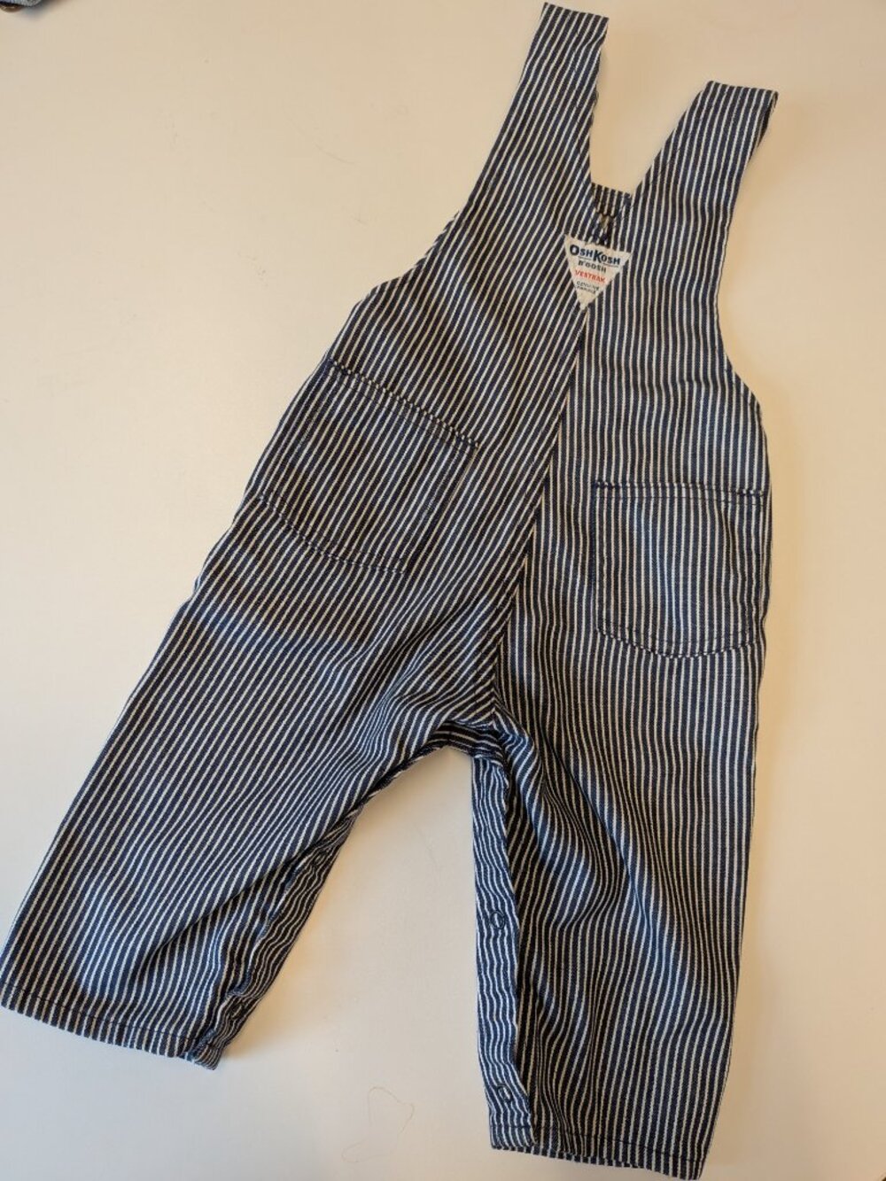 VTG 1980s OshKosh B'Gosh Hickory Railroad Stripe Overalls - Made in USA (18 Mos)